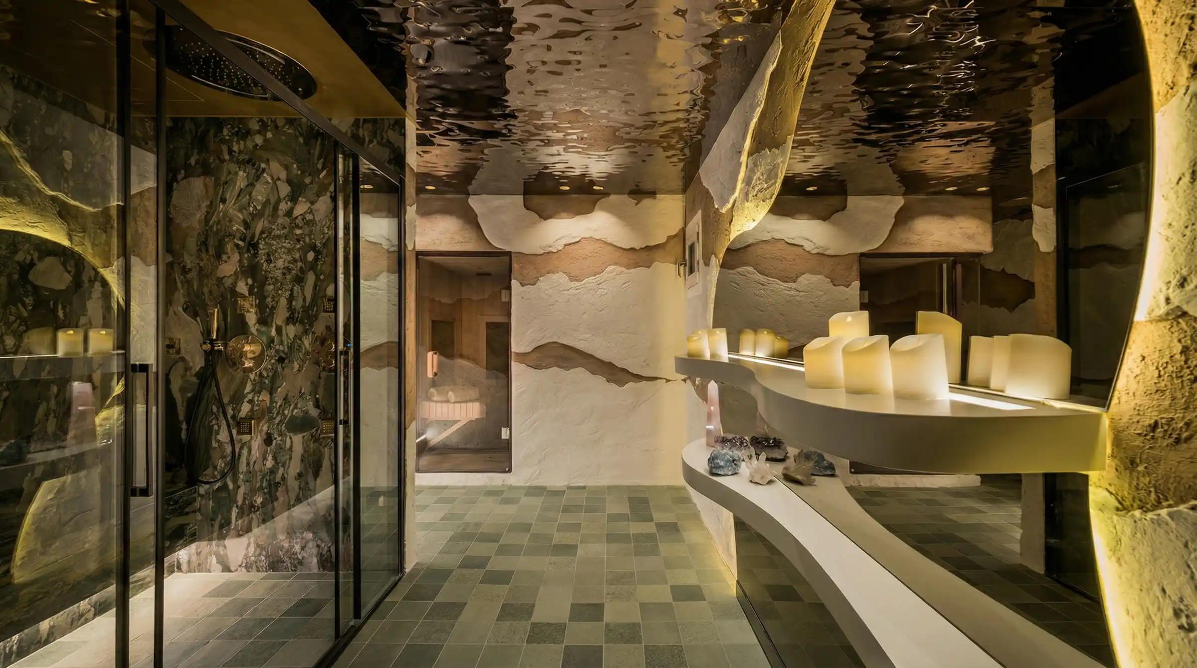 Boho Club spa with sculpted walls and warm indirect lighting