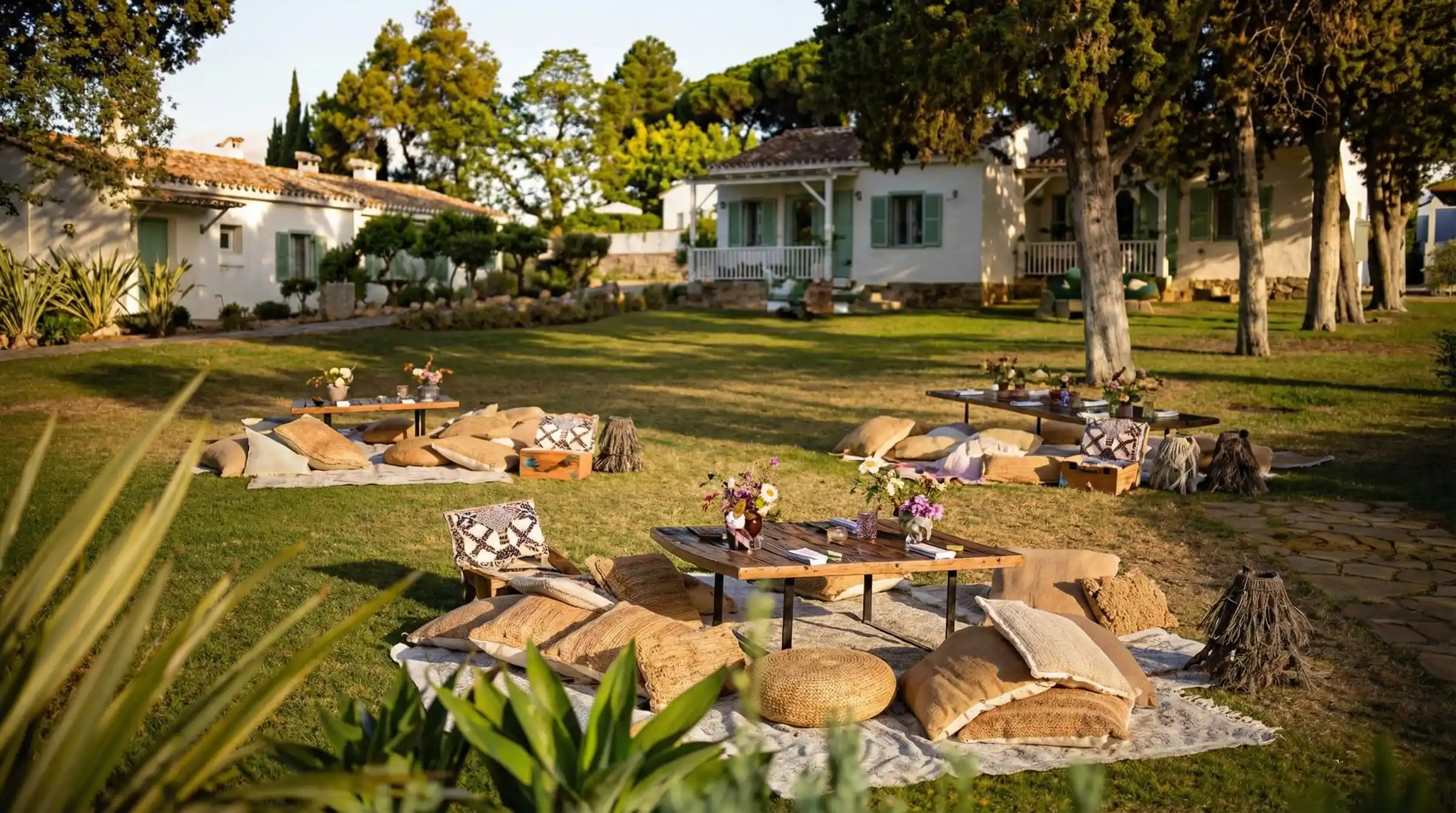 Garden lounge with low seating among the bungalows