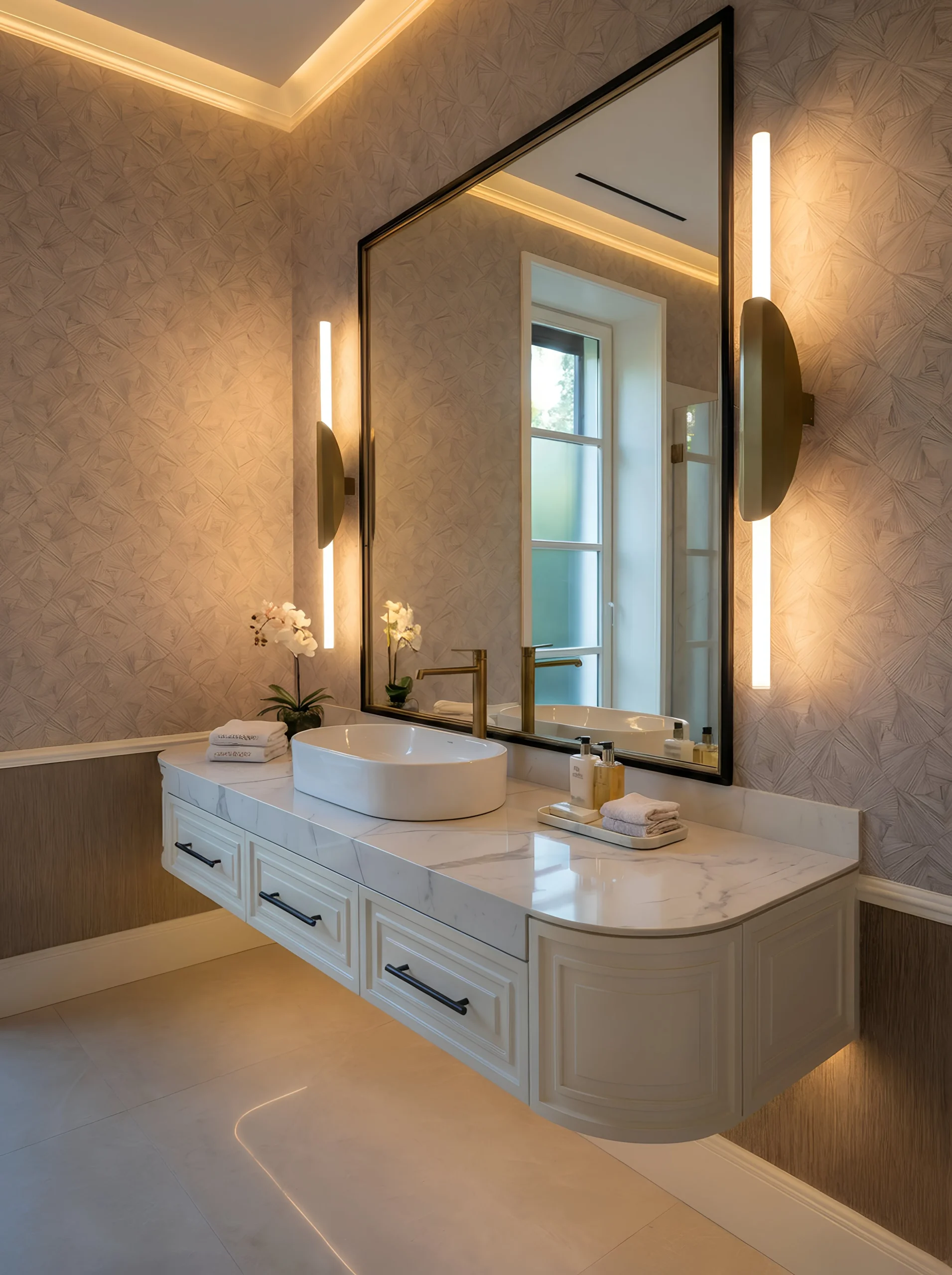 Freestanding bathtub with gold-framed glass enclosure
