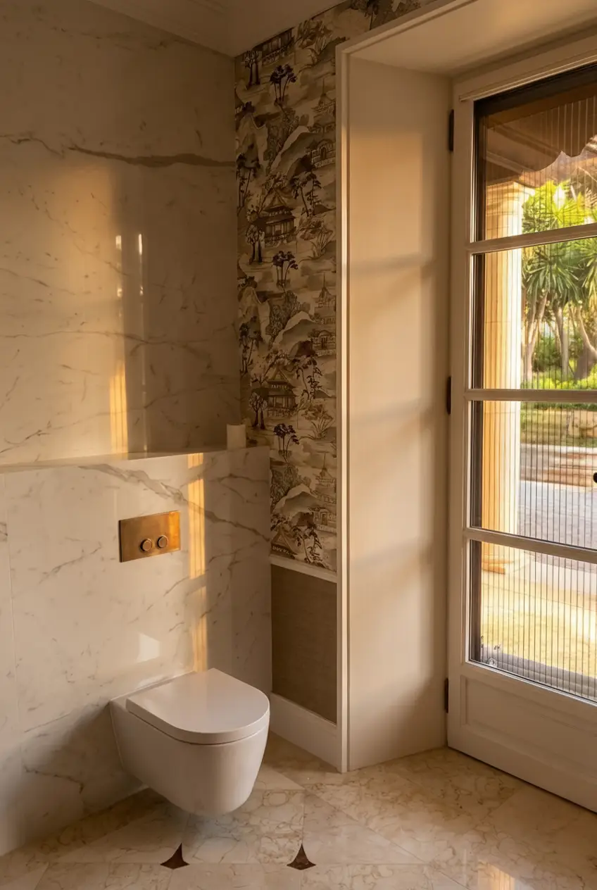 Continuous Calacatta veining across a mitred porcelain edge, executed on site by Realta
