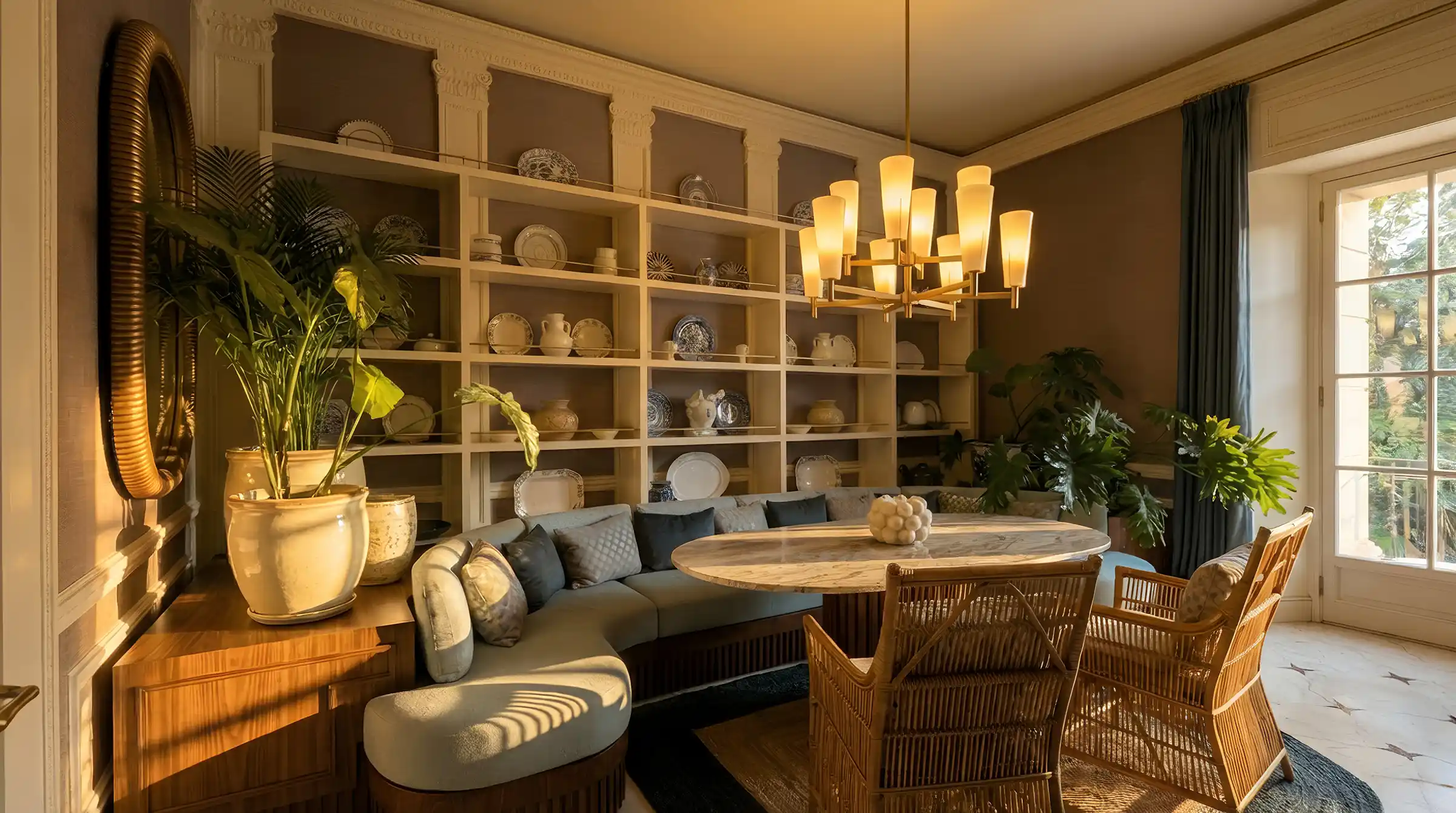 Dining room with bespoke built-in shelving executed by Realta to an interior design studio's drawings in Marbella