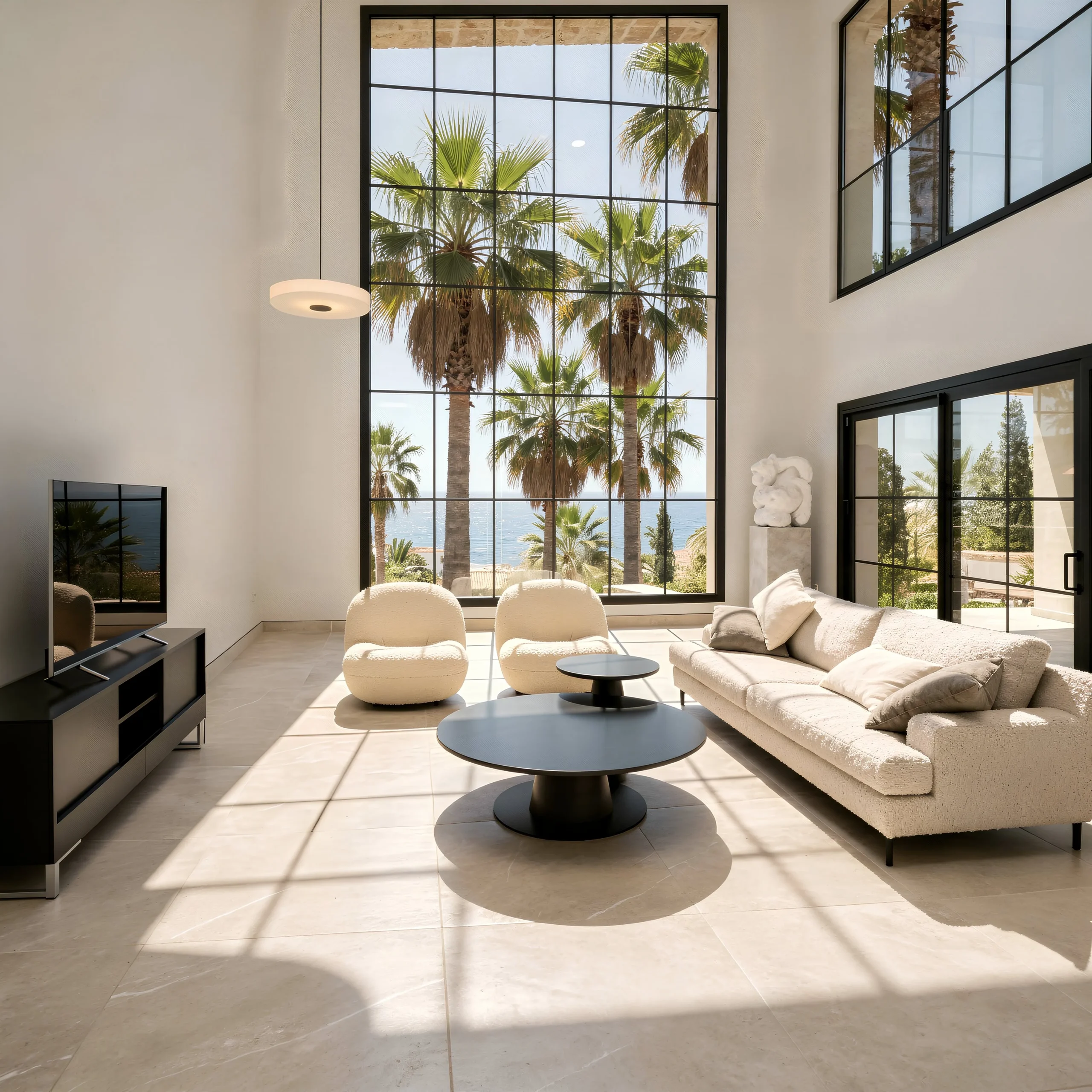 Living room with double-height glazing and palm views