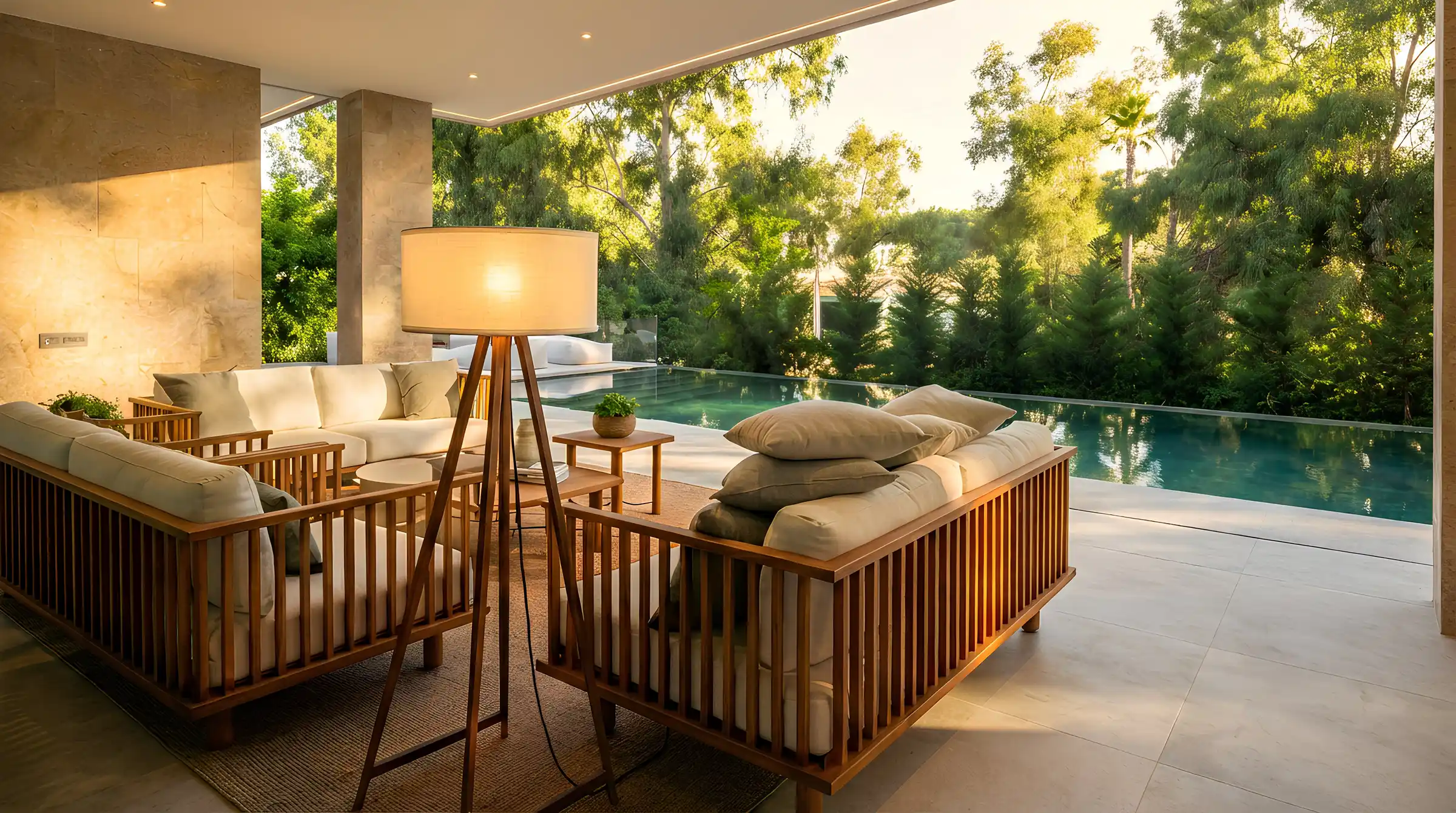 Covered terrace lounge with GLASROC soffit overlooking the pool