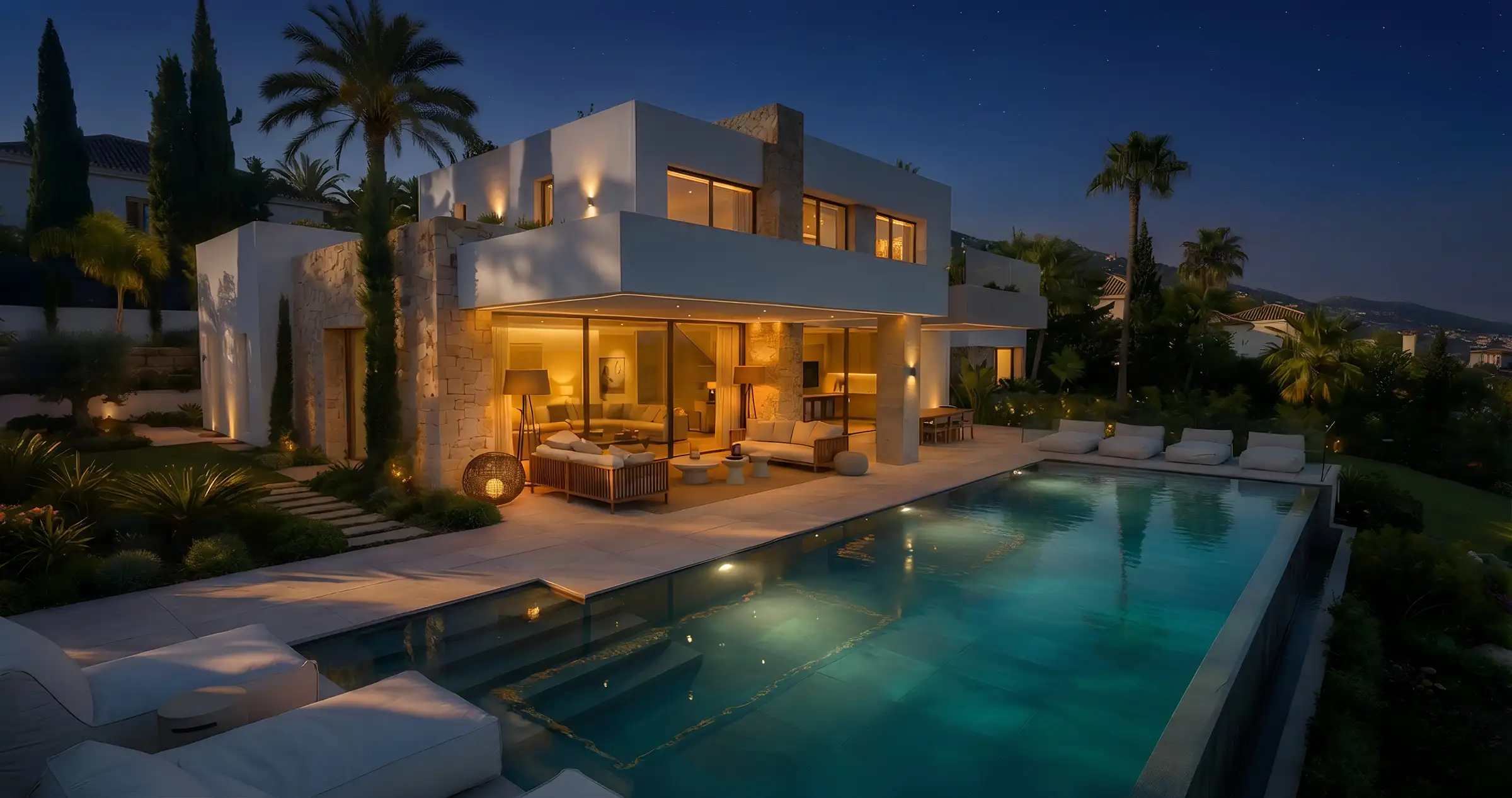 Luxury villa construction in Nueva Andalucía: Villa La Cerquilla at dusk, built by Realta Constructions